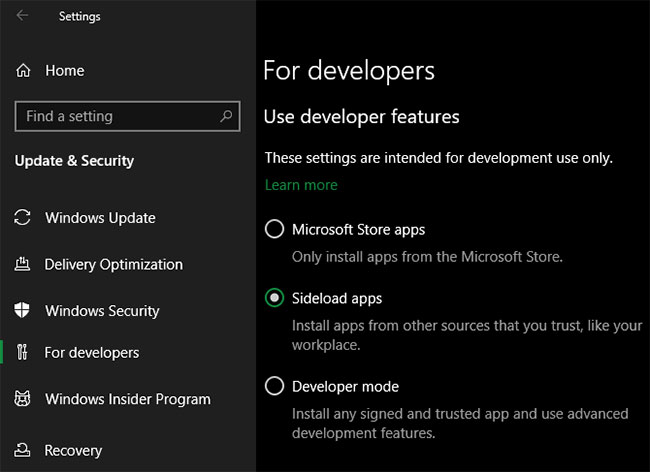 Cài đặt ứng dụng dành cho nhà phát triển Windows 10