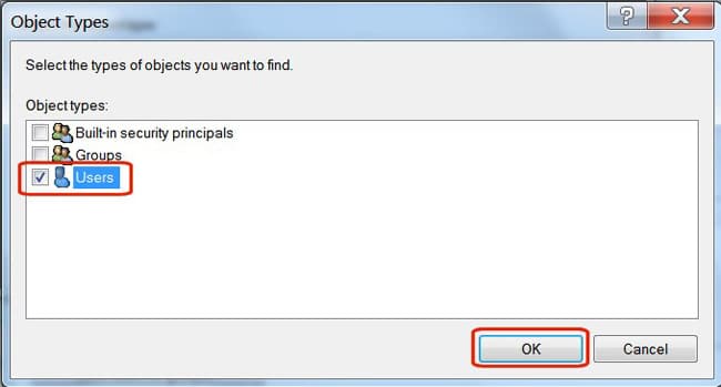 Trong phần “Object Types", bỏ tích tất cả các ô ngoài từ Users, sau đó nhấn OK