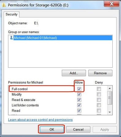 Tích vào ô Full control, sau đó nhấp vào nút OK trong cột Allow