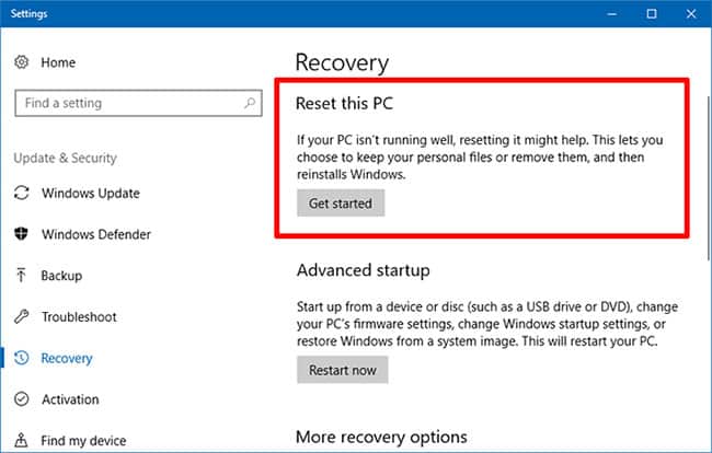 Reset lại Windows 10