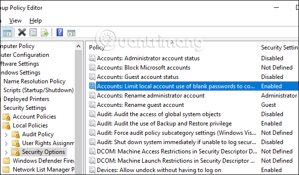 Tìm khóa Account : Limit local acc use of blank password…