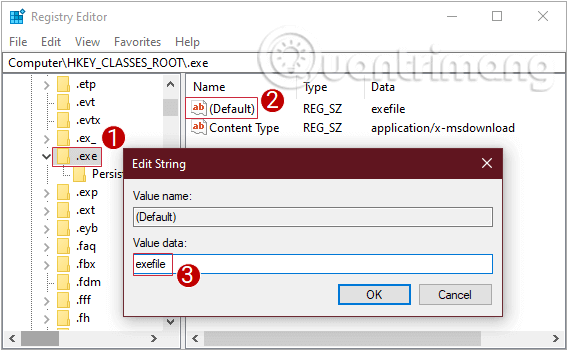 Thay đổi giá trị trong khung Value Data của Default thành exefile