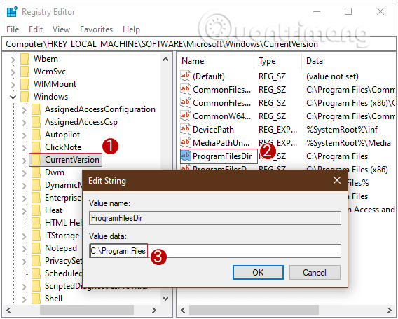 Thay đổi giá trị trong khung Value Data của ProgramFilesDir thành C:Program Files