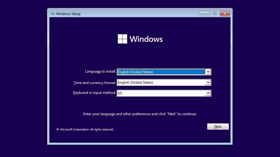 Màn hình thiết lập Windows