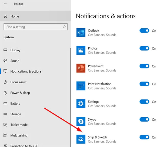 Bật công tắc chuyển đổi Snip & Sketch