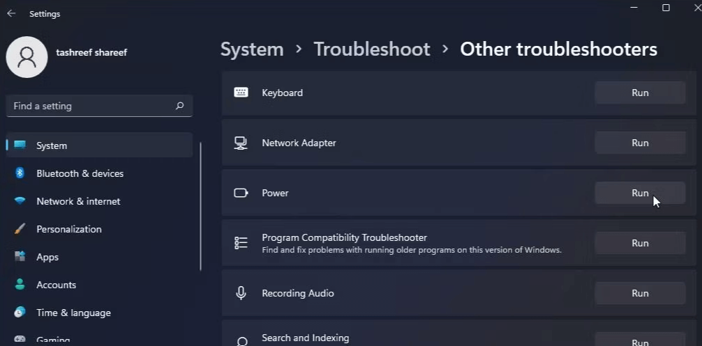 Chạy Power Troubleshooter trên Windows 11