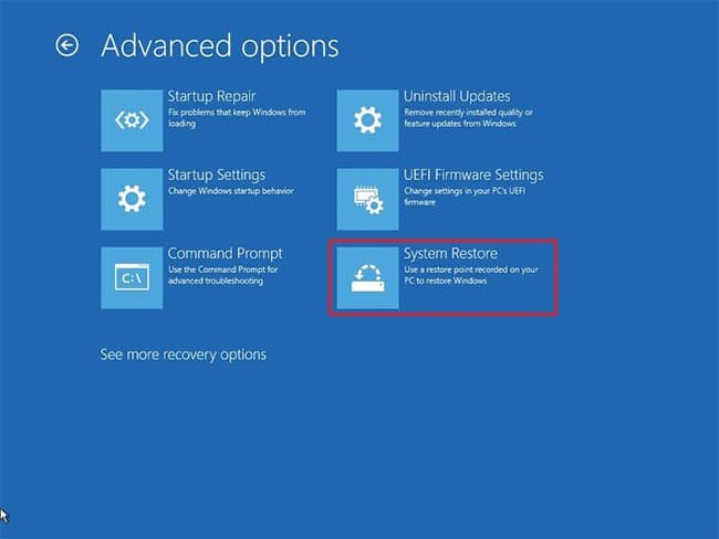 Nhấp vào tùy chọn System Restore