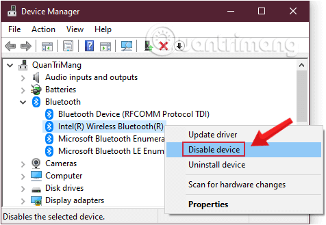 Chọn Disable device trong Bluetooth driver