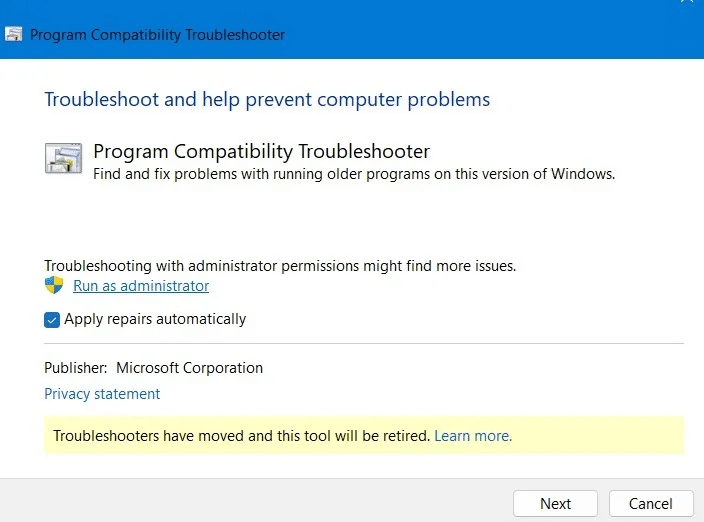 Chạy Program Compatibility Troubleshooter và tự động áp dụng sửa chữa.