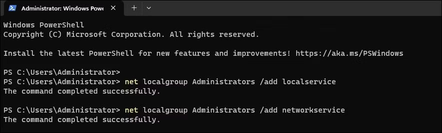 Thêm Local Network và Local Service vào nhóm quản trị viên cục bộ
