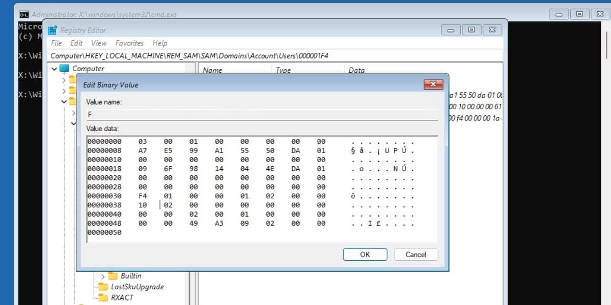 Sửa đổi giá trị nhị phân F trong registry để kích hoạt tài khoản admin