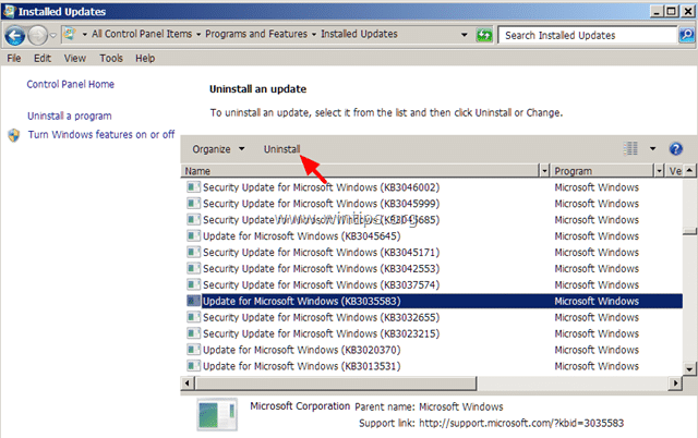 Chọn KB3057839 Update rồi click chọn Uninstall