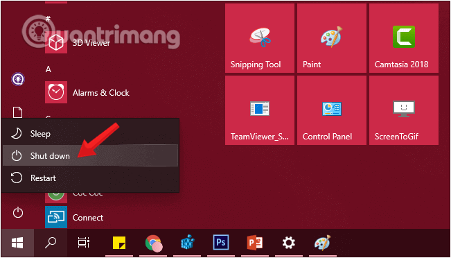 Giữ Shift trên bàn phím đồng thời nhấp chọn Shutdown