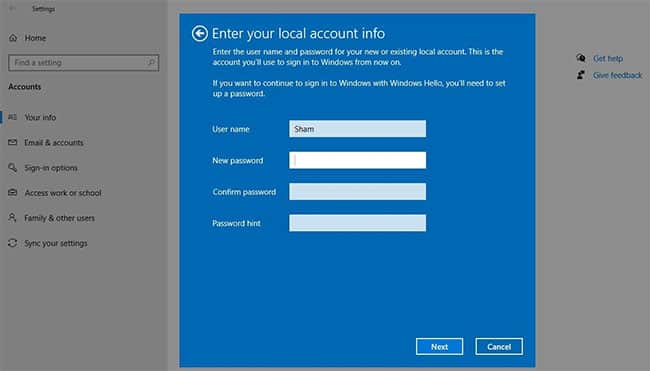 Thiết lập tài khoản cục bộ trong ứng dụng Settings Windows 10