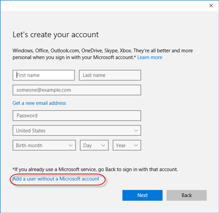 Nhấp vào Add a user without a Microsoft account