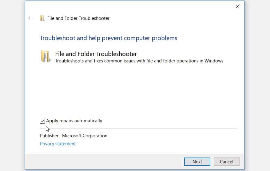 Chọn hộp Apply repairs automatically trên File and Folder Troubleshooter