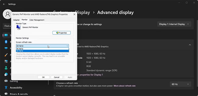 Display adapter properties hiển thị trong Windows 11