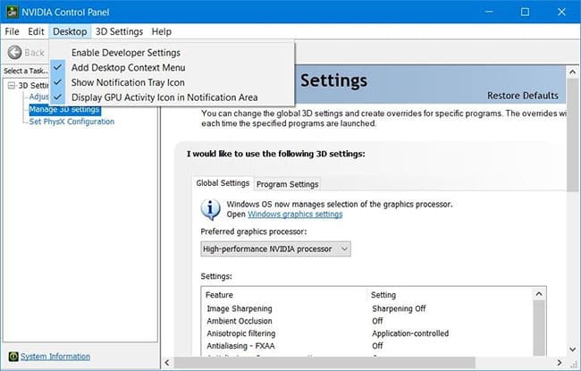 Khôi phục NVIDIA Control Panel