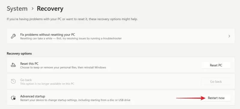 Nhấp vào nút Restart Now trong Advanced Startup