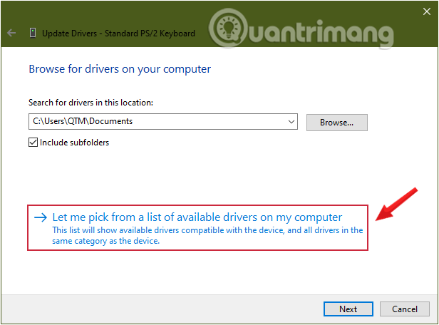 Click chọn Let me pick from a list of device drivers on my computer.