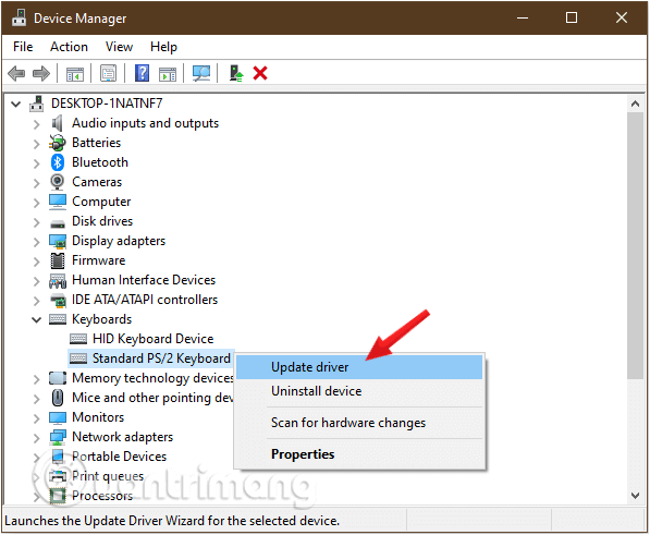 Kích chuột phải vào Keyboard mà bạn sử dụng, chọn tùy chọn Update Driver