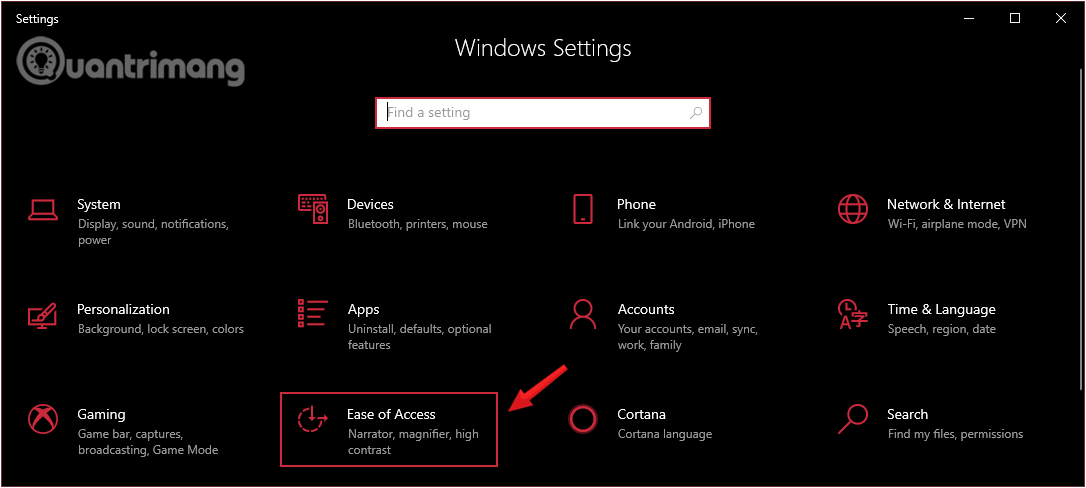 Nhấn chọn Ease of Access trong Windows Settings