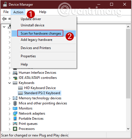 Chọn Scan for hardware changes trong thẻ Action