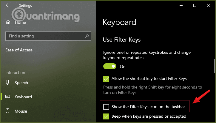 Bỏ tích trước tùy chọn Show the Filter Keys icon on the taskbar