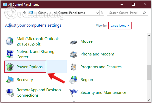 Mở Power Options từ Control Panel