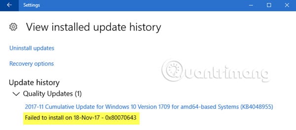 Lỗi 0x80070643 sẽ hiển thị trong màn hình Update History