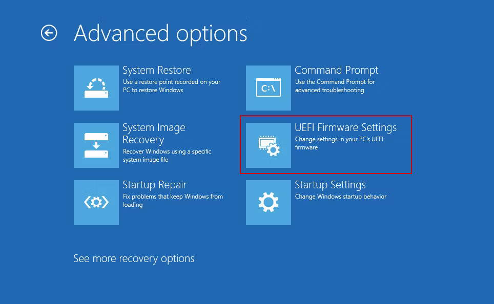 Windows Recovery Environment hiển thị tùy chọn UEFI Firmware Settings.