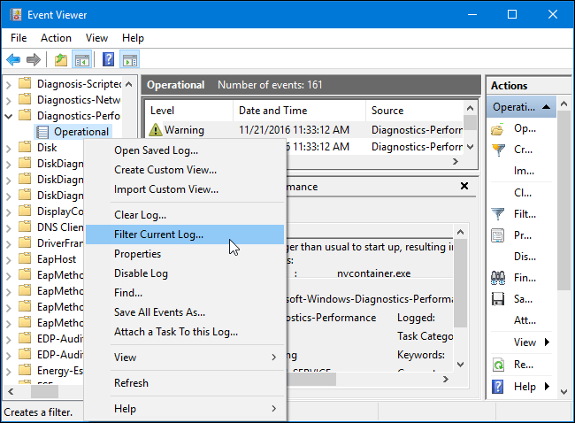 Kích chuột phải vào Operational và chọn Filter Current Log.