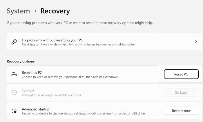 Tùy chọn Reset PC