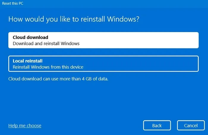 Chọn Cloud download để cài đặt lại Windows