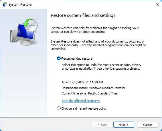 Cửa sổ System Restore có sẵn tùy chọn khôi phục được đề xuất