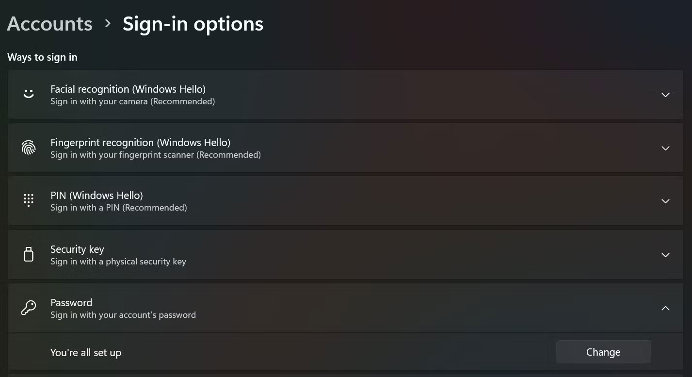 Tùy chọn Password trong Sign-In Options trên Windows 11