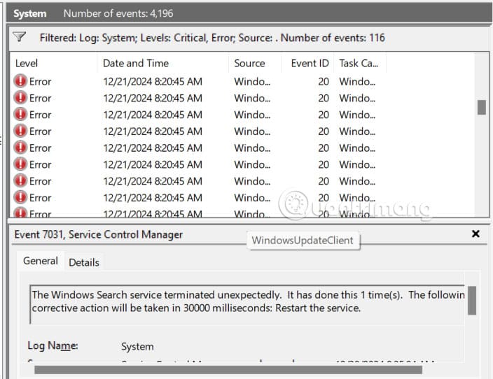 Hiển thị nhật ký sự cố Windows 11
