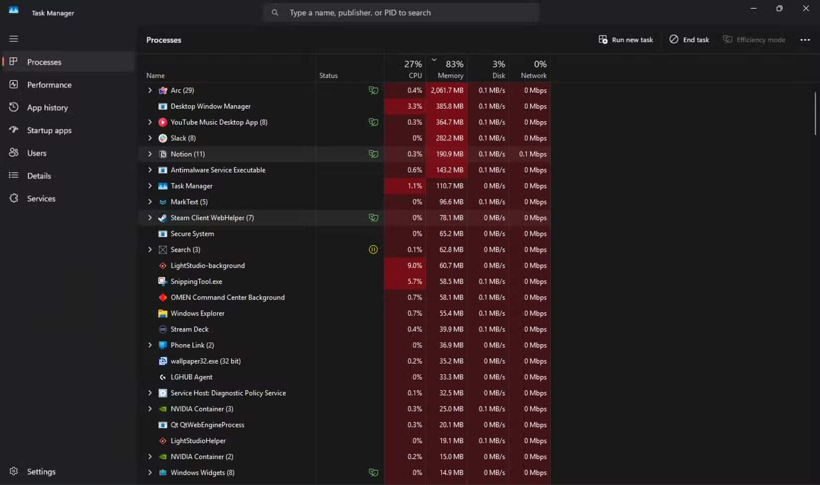 Tab Processes trong Task Manager hiển thị nhiều ứng dụng khác nhau, cùng mức sử dụng CPU và bộ nhớ của chúng