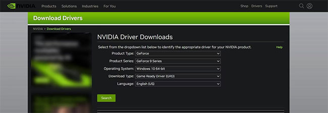 Chọn driver để tải xuống thủ công từ trang web của Nvidia