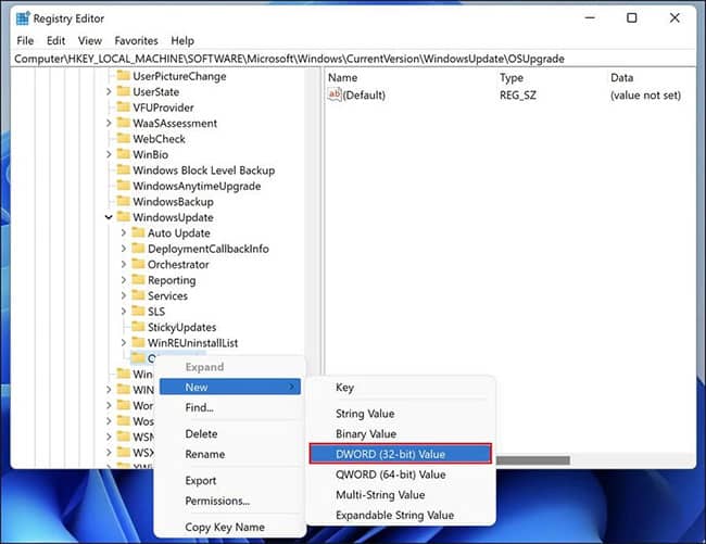 Nhấp chuột phải vào key OSUpgrade