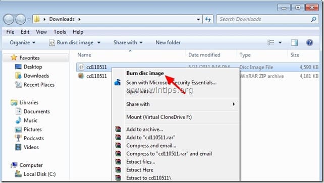 Kích chuột vào cd110511.iso, chọn Burn disc image để burn file vào đĩa CD