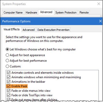 alt-tab-khong-hoat-dong-4 Kích hoạt tùy chọn Enable peek