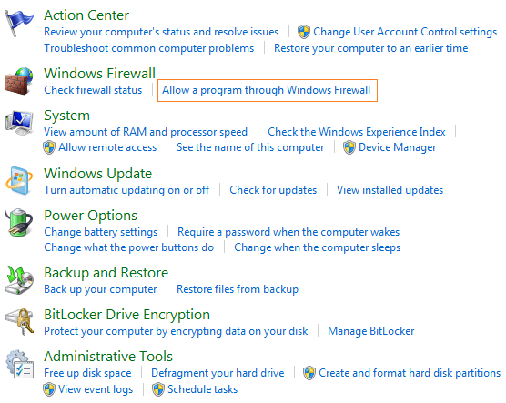 chọn Allow a program through Windows Firewall