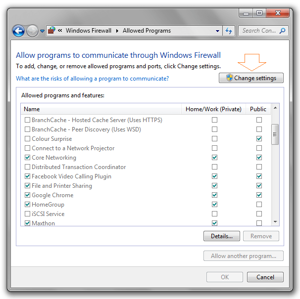 cửa sổ Allow programs to communicate through Windows Firewall