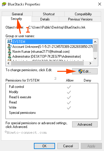 Trên cửa sổ Properties, chuyển qua tab Security rồi click chọn Edit