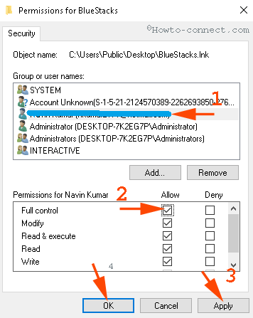 Chọn username (tên người dùng) của bạn trong khung Group or user names