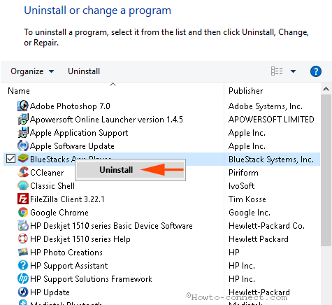 kích chuột phải vào BlueStacks App Player sau đó chọn Uninstall