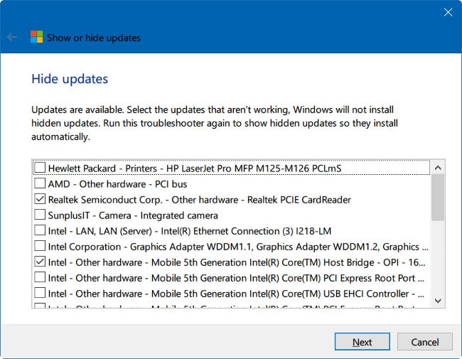 Chon cập nhật (update) mà bạn muốn ẩn rồi click chọn Next
