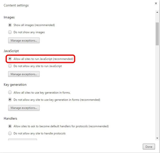 Trên chrome kích hoạt JavaScript