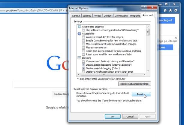 Trong tab Advanced, sau đó nhấn vào nút Reset
